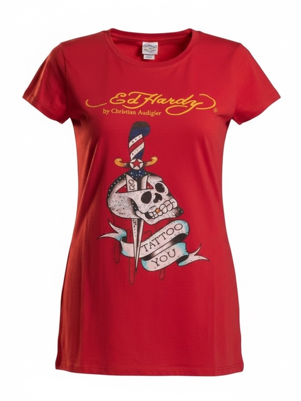 Ed Hardy Vintage Y2K Scull Tattoo Graphic L Top T Shirt Fitted Logo Cotton Red